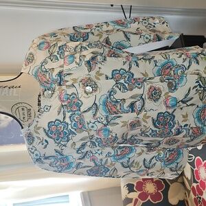Ruby Rd. Floral Button-Front Jean Jacket, 3/4 Sleeves, Cream, Blue, Pink , Sz 8